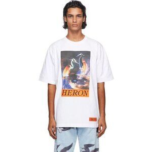 Heron Preston White Graphic Heron Tee with Orange Accent